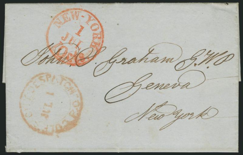 Coles City Despatch P.O. Jul. 1> Red double-circle datestamp and red New-York 10 cts. 1 Jul. integral-rate circular datestamp on blue 1848 folded letter to Geneva N.Y., Very Fine, ex Hahn