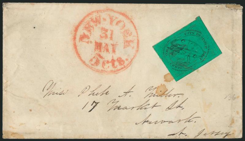 (Coles) Post Office City Despatch, New York N.Y., 2c Black on Green Glazed, CC at Sides (40L4).> Position 8, cancelled by pencil swirls, red New-York 5cts 31 May (1850) integral-rate circular datestamp on cover
to Newark N.J., stamp has slight c