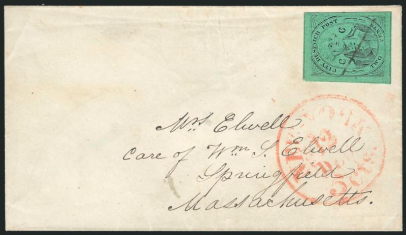 (Coles) Post Office City Despatch, New York N.Y., 2c Black on Green Glazed, CC at Sides (40L4).> Position 5, ig Pupil variety,> ample to large margins, bright paper, neat manuscript cancel, red New -York 5 cts.
12 Dec. (1849) integral-rate c