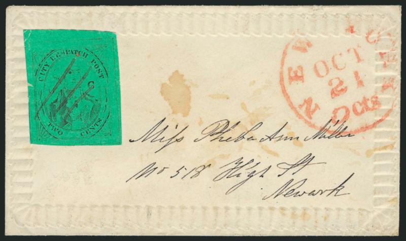 (Coles) Post Office City Despatch, New York N.Y., 2c Black on Green Glazed, CC at Sides (40L4).> Position 6, ig Pupil variety,> enormous margins, manuscript cancel (not tied), used on small embossed cover to
Newark N.J. street address, red Ne