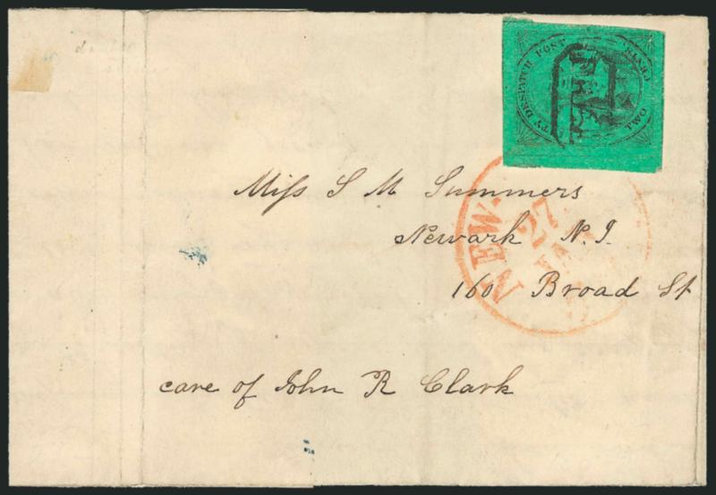 (Coles) Post Office City Despatch, New York N.Y., 2c Black on Green Glazed, Hand-Etched Sideways C at Left (40L4b).> Position 25 with lefthand C etched into plate by hand (so-called Sideways C variety), strong
impression (slightly doubled) on