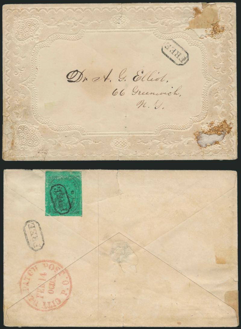 (Coles) Post Office City Despatch, New York N.Y., 2c Black on Green Glazed, Hand-Etched Sideways C at Left (40L4b).> Position 25 with lefthand C etched into plate by hand (so-called Sideways C variety),
cancelled by one of three strikes of Fr