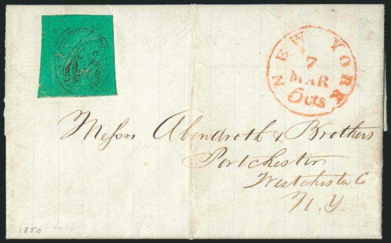 (Coles) Post Office City Despatch, New York N.Y., 2c Black on Green Glazed, Hand-Etched Sideways C at Left (40L4b).> Position 19 with lefthand C etched into plate by hand (so-called Sideways C variety), large
to huge margins including left she