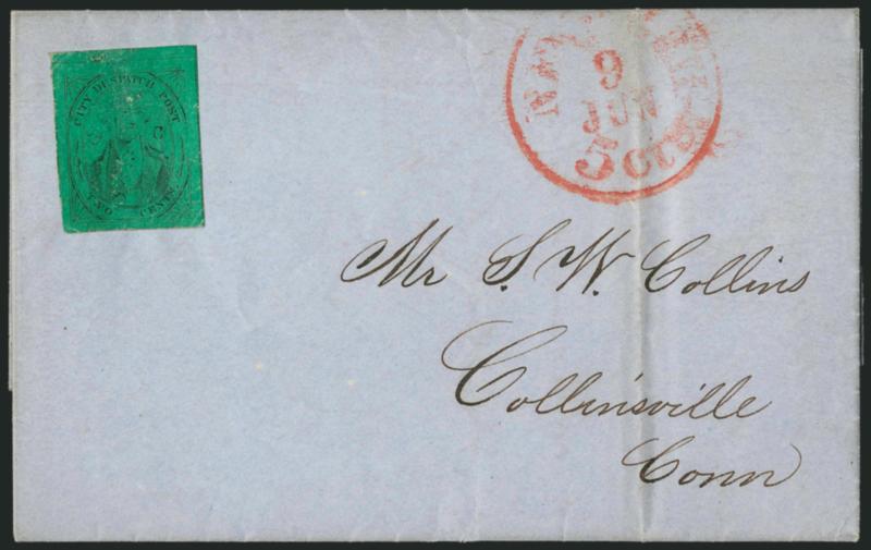 (Coles) Post Office City Despatch, New York N.Y., 2c Black on Green Glazed, Hand-Etched Sideways C at Left (40L4b).> Position 13 with lefthand C etched into plate by hand (so-called Sideways C variety), ample
to large margins, corner creases a