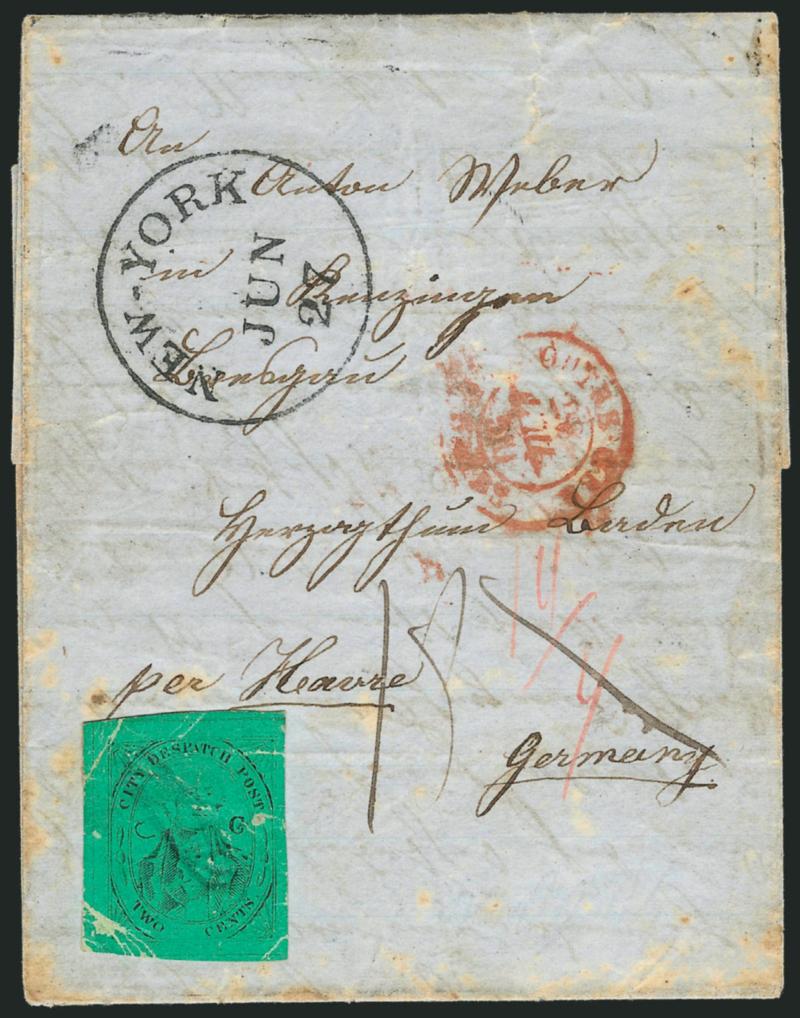 (Coles) Post Office City Despatch, New York N.Y., 2c Black on Green Glazed, Hand-Etched Sideways C at Left (40L4b).> Position 25 with lefthand C etched into plate by hand (so-called Sideways C variety), large
to huge margins including part of