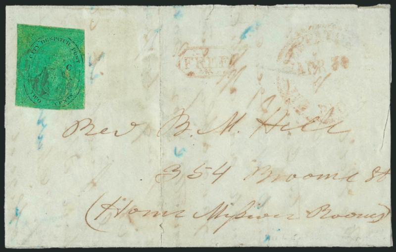 (Coles) Post Office City Despatch, New York N.Y., 2c Black on Green Glazed, Hand-Etched Sideways C at Left (40L4b).> Position 3 with lefthand C etched into plate by hand (so-called Sideways C variety), worn
impression with barest trace of hand