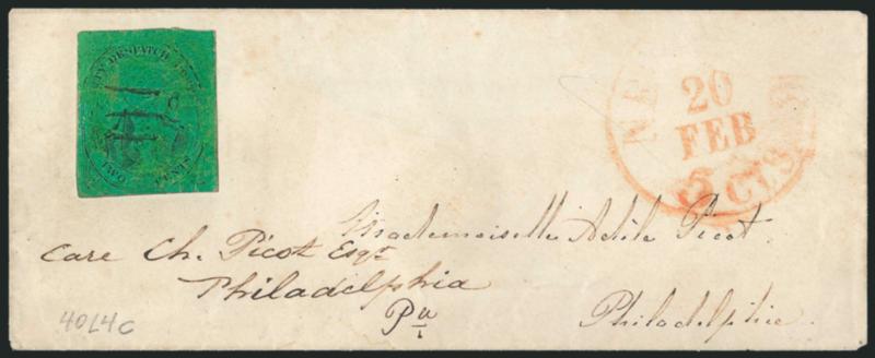 (Coles) Post Office City Despatch, New York N.Y., 2c Black on Green Glazed, C at Right Only, Hand-Etched Sideways C at Left (40L4c).> Position 1 -- this position has the hand-etched C at left, but a few
examples such as this are weak or worn i
