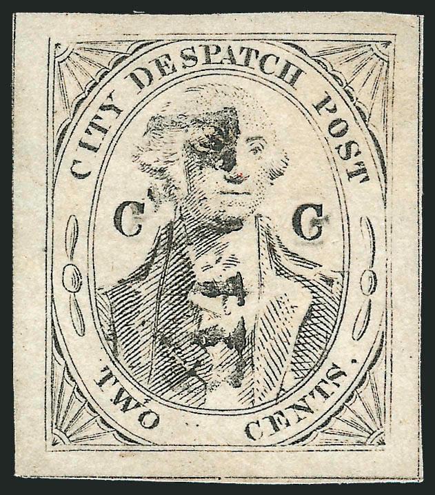 (Coles) Post Office City Despatch, New York N.Y., 2c Black on Grayish, CC at Sides (40L5).> Position 26, large even margins, Paid straightline cancel<><>^EXTREMELY FINE GEM. ONE OF THE FINEST KNOWN EXAMPLES OF
THE COLE CC STAMP ON ANY PAPER