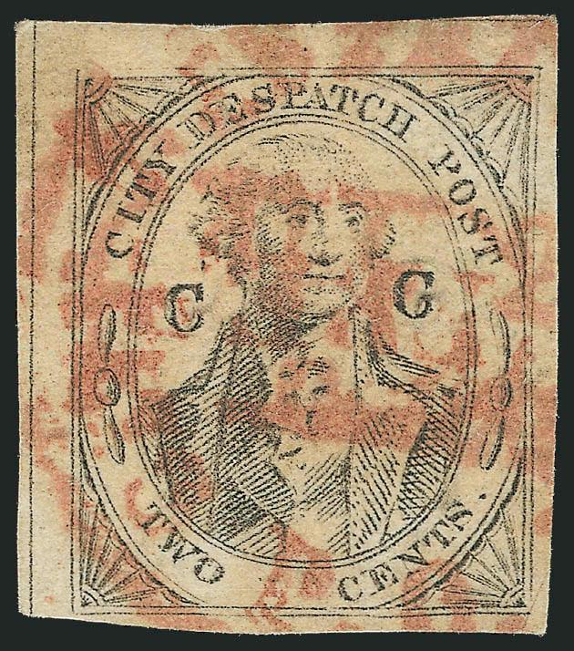 (Coles) Post Office City Despatch, New York N.Y., 2c Black on Grayish, CC at Sides (40L5).> Position 37, ample to huge margins, cancelled by <brownish-red Free in frame and City Despatch Post P.O. circular
datestamp,> faint yellowing caused by