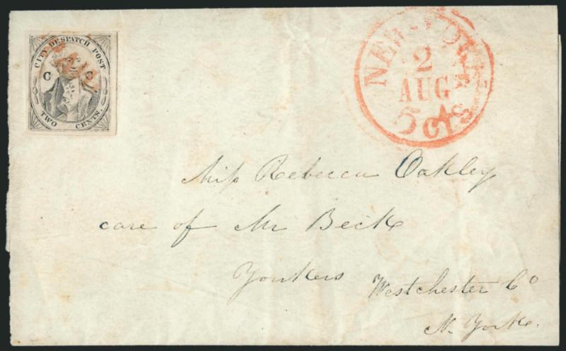 (Coles) Post Office City Despatch, New York N.Y., 2c Black on Grayish, CC at Sides (40L5).> Position 10, full to large margins, cancelled by red Paid straightline (not tied), red New-York 5 cts. 2 Aug. (1848)
integral-rate circular datestamp o