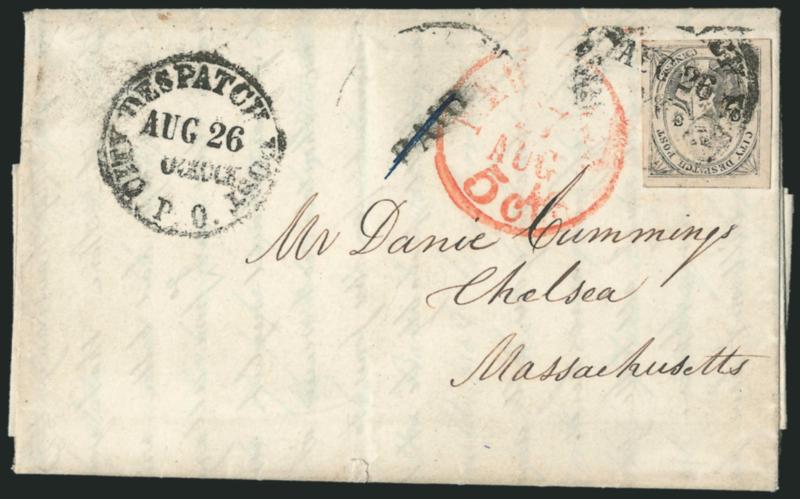 (Coles) Post Office City Despatch, New York N.Y., 2c Black on Grayish, CC at Sides (40L5).> Position 30, large margins all around, tied by black P.O. City Despatch Aug. 26 -- OClock circular datestamp, second
strike and Paid handstamp at left