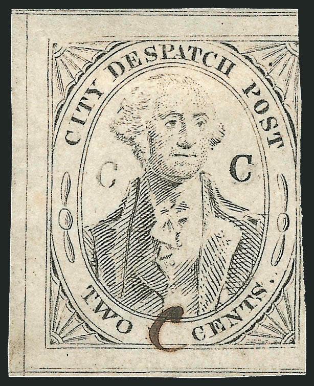 (Coles) Post Office City Despatch, New York N.Y., 2c Black on Grayish, CC at Sides, Manuscript C Control Mark (40L5c).> Position 4, unused (no gum), small C initial between Two and Cents, three huge margins
showing surrounding dividing lin