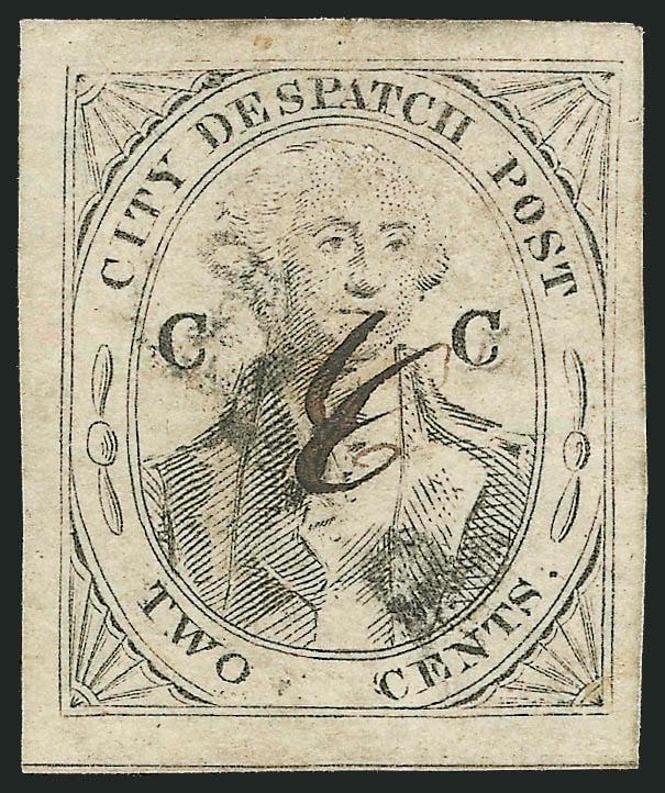 (Coles) Post Office City Despatch, New York N.Y., 2c Black on Grayish, CC at Sides, Manuscript C Control Mark (40L5c).> Position 11, large C initial at center, large margins, lightly cancelled by Paid
straightline, small corner crease at top