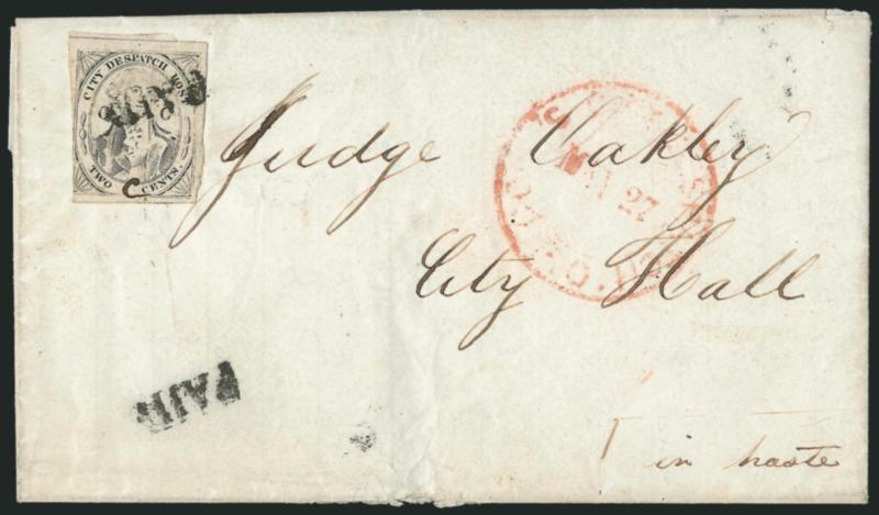 (Coles) Post Office City Despatch, New York N.Y., 2c Black on Grayish, CC at Sides, Manuscript C Control Mark (40L5c).> Position 21, small C initial between Two and Cents,  large margins to slightly in at lower
left, just tied by Paid st
