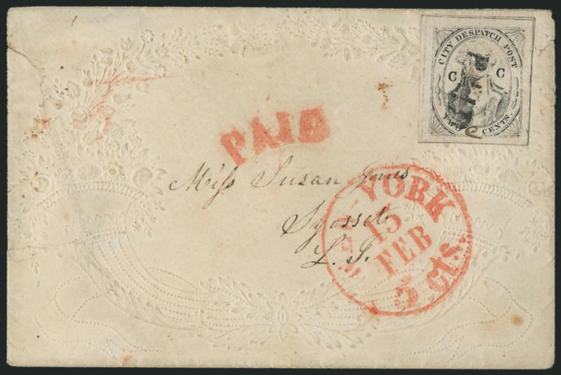 (Coles) Post Office City Despatch, New York N.Y., 2c Black on Grayish, CC at Sides, Manuscript C Control Mark (40L5c).> Position 31, small C initial between Two and Cents, huge even margins, black Paid
straightline cancel (not tied), use