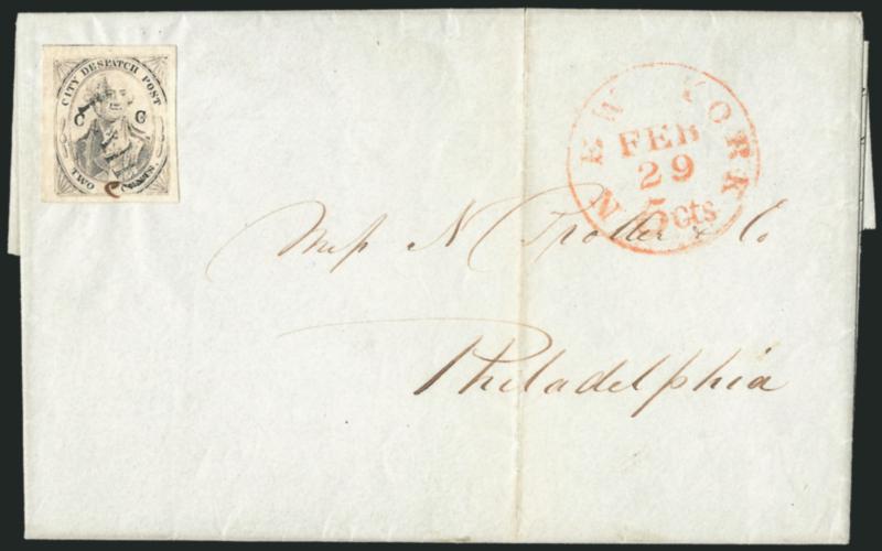 (Coles) Post Office City Despatch, New York N.Y., 2c Black on Grayish, CC at Sides, Manuscript C Control Mark (40L5c).> Position 28, small C initial between Two and Cents, large margins all around, black Paid
straightline cancel (not tie