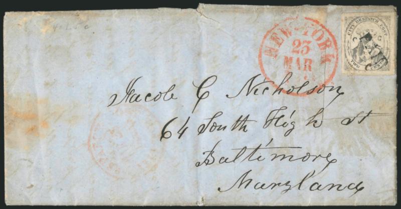 (Coles) Post Office City Despatch, New York N.Y., 2c Black on Grayish, CC at Sides, Manuscript C Control Mark (40L5c).> Position 24, small C initial between Two and Cents,  large margins all around, Paid
straightline cancel (not tied), f