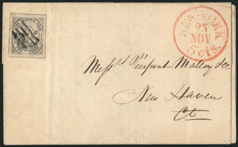 (Coles) Post Office City Despatch, New York N.Y., 2c Black on Grayish, Hand-Etched Sideways C at Left (40L5b).> Position 13 with lefthand C etched into plate by hand (so-called Sideways C variety), huge even
margins showing dividing lines all