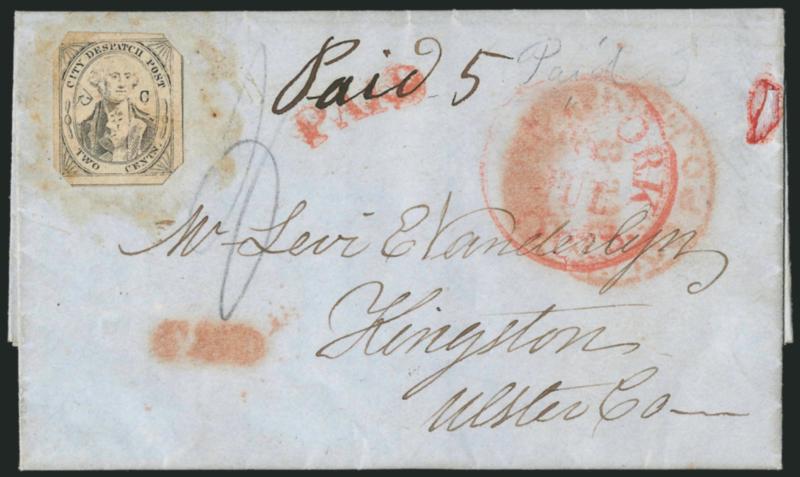 (Coles) Post Office City Despatch, New York N.Y., 2c Black on Grayish, Hand-Etched Sideways C at Left (40L5b).> Position 13 with lefthand C etched into plate by hand (so-called Sideways C variety), large
margins except at corners where truncat