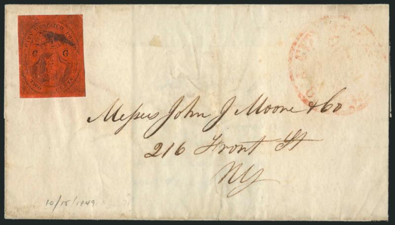 (Coles) Post Office City Despatch, New York N.Y., 2c Black on Vermilion Glazed, CC at Sides (40L6).> Position 26, large margins, bright color without oxidation, black cancel (not tied), faint red P.O. City
Despatch Post Oct. 21 -- OClock circul