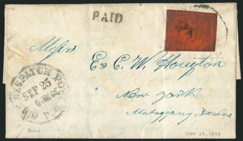 (Coles) Post Office City Despatch, New York N.Y., 2c Black on Vermilion Glazed, CC at Sides (40L6).> Position 33, large margins to just in, cancelled by Paid straightline (rim of device around stamp), second
strike and P.O. City Despatch Post S