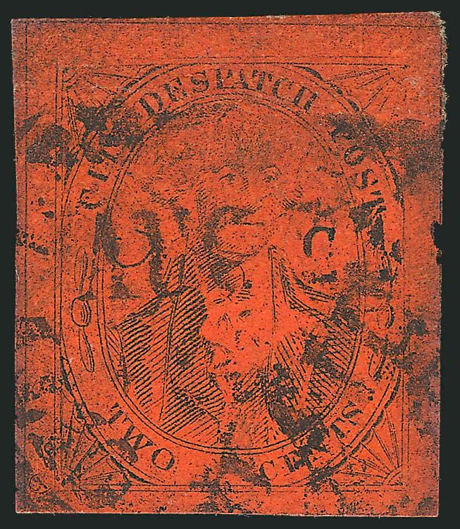 (Coles) Post Office City Despatch, New York N.Y., 2c Black on Vermilion Glazed, Hand-Etched Sideways C at Left (40L6b).> Position 19 with lefthand C etched into plate by hand (so-called Sideways C variety),
large to huge margins all around, br