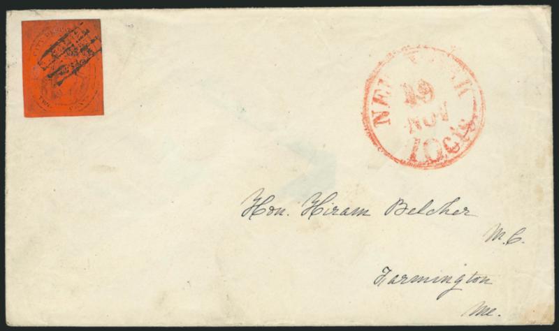 (Coles) Post Office City Despatch, New York N.Y., 2c Black on Vermilion Glazed, Hand-Etched Sideways C at Left (40L6b).> Position 25 with lefthand C etched into plate by hand (so-called Sideways C variety),
large even margins, cancelled by 4-b