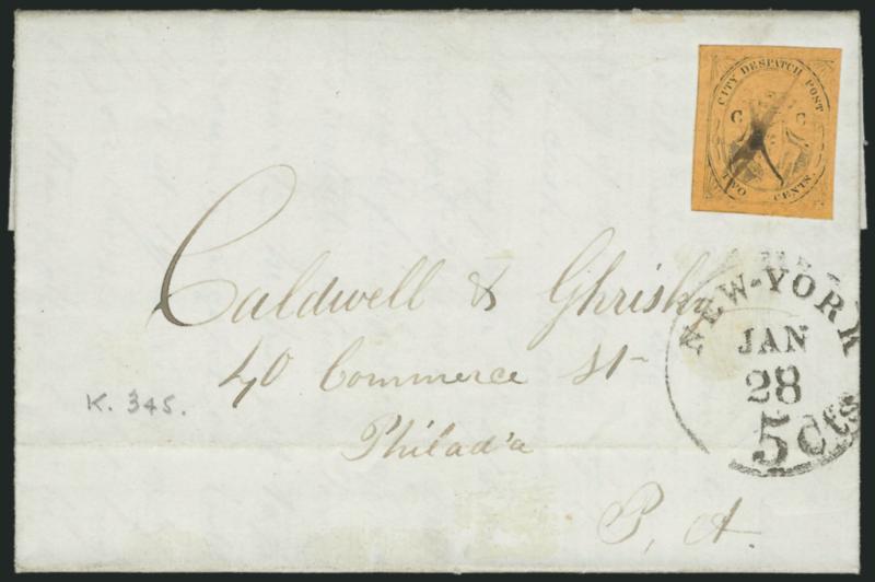 (Coles) Post Office City Despatch, New York N.Y., 2c Black on Yellowish Buff Glazed, CC at Sides (40L8).> Position 39, large even margins, bright color and perfect surface coating, cancelled by ms. X, used on
folded letter datelined New York, Ja