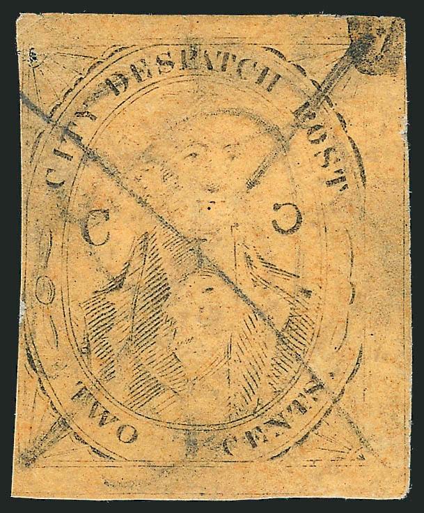 (Coles) Post Office City Despatch, New York N.Y., 2c Black on Yellowish Buff Glazed, C at Right Inverted (40L8a).> Position 36 with right C in mirror image (so-called Inverted C), three large margins, close to
touching at left, pencil X canc