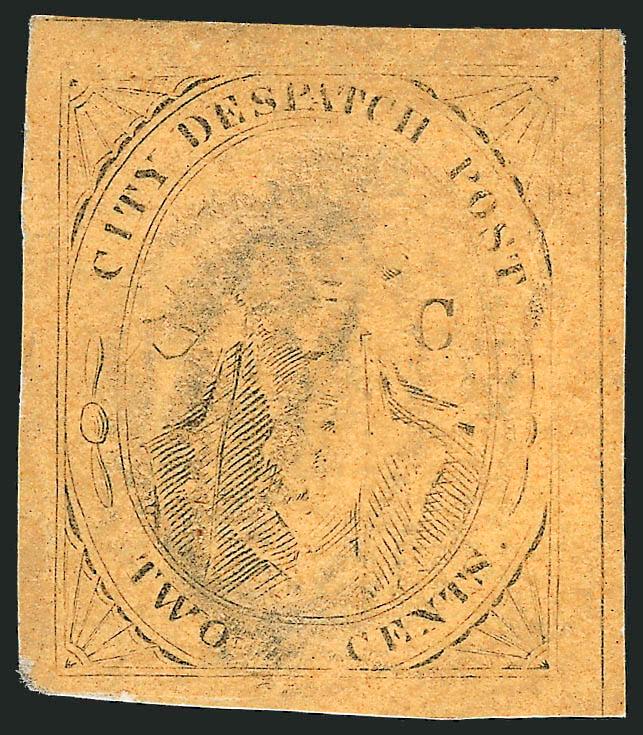 (Coles) Post Office City Despatch, New York N.Y., 2c Black on Yellowish Buff Glazed, Hand-Etched Sideways C at Left (40L8b).> Position 13 with lefthand C etched into plate by hand (so-called Sideways C
variety), large margins, clear impression