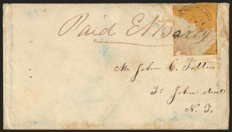 (Coles) Post Office City Despatch, New York N.Y., 2c Black on Yellowish Buff Glazed (40L8).> Remnant of stamp peeled off locally-addressed cover, apparently removed at the time of mailing and before <<Paid E N
Barry>> was applied, Barry ran a loca