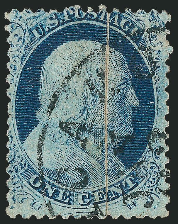 1c Blue, Ty. IV, Chicago Perf 12-12 (9 var).> Plate 1 Late, bright color, <natural pre-printing paperfold,> centered to top, neat strike of circular datestamp<><>^A RARE SOUND EXAMPLE OF THE ONE-CENT TYPE IV
WITH CHICAGO PERFORATIONS. APPROXIMATEL
