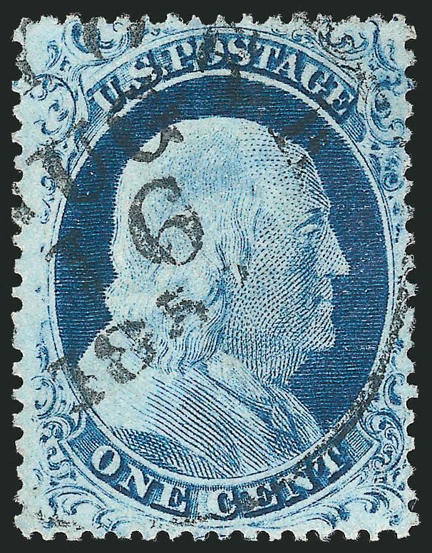 1c Blue, Ty. II (20).> Position 4R1L, <the only position on Plate 1 Late which was not recut,> perfs clear of design all around and almost perfectly centered, bright color and detailed impression, neat strike
of circular datestamp, fresh and Extremel
