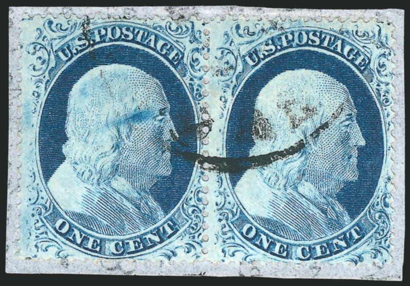 1c Blue, Ty. IV-II (23-20).> Positions 3-4R1L, right stamp Type II, <the only position on Plate 1 Late which was not recut,> left stamp recut twice at bottom, rich color, tied by unobtrusive strike of circular
datestamp on small piece, Very Fine, an