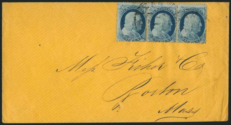 1c Blue, Ty. IV-II-IV (23-20-23).> Positions 3-5R1L, horizontal strip of three, center stamp Type II, <the only position on Plate 1 Late which was not recut,> left stamp recut twice at bottom, right stamp
recut once at bottom, tied by indistinct stri
