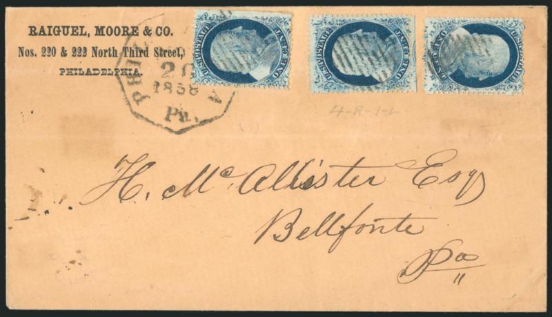 1c Blue, Ty. II, IV (20, 23).> Three singles, center stamp <Position 4R1L, Type II, the only position on Plate 1 Late which was not recut,> scissors-separated with most perfs intact, one Type IV s.e. at right,
cancelled by grids, Philadelphia Pa. No