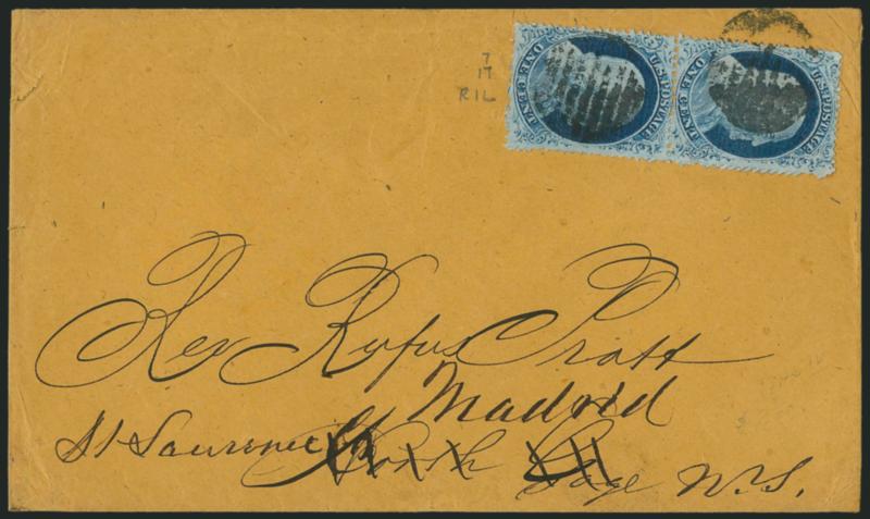 1c Blue, Ty. IV (23).> Positions 717R1L, vertical pair, top stamp recut once at top, bottom stamp recut once at top and bottom, choice centering, tied by grid cancels on orange unsealed cover to North Gage
N.Y. and forwarded to Madrid N.Y., top stam