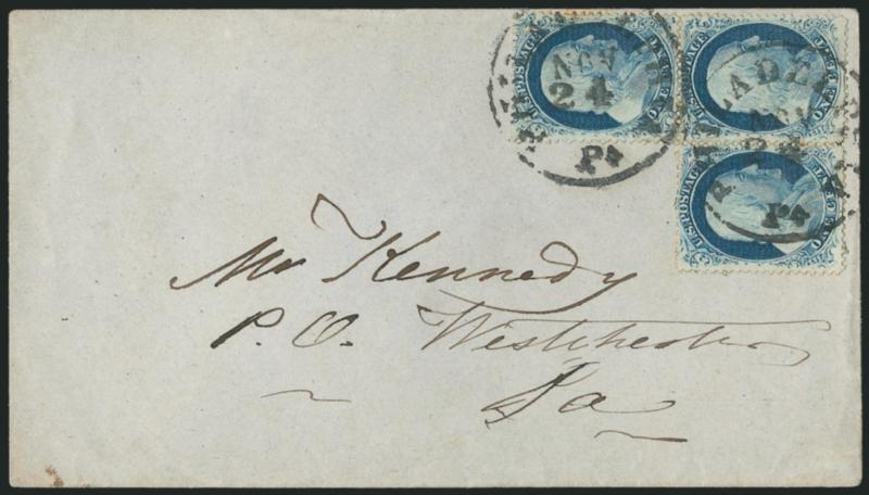 1c Blue, Ty. IV (23).> Positions 4453-54L1L, L-shaped block of three, top stamp Position 44L shows <major double transfer,> all three recut once at top and bottom, choice centering, tied by bold Philadelphia
Pa. Nov. 24 circular datestamps on gray