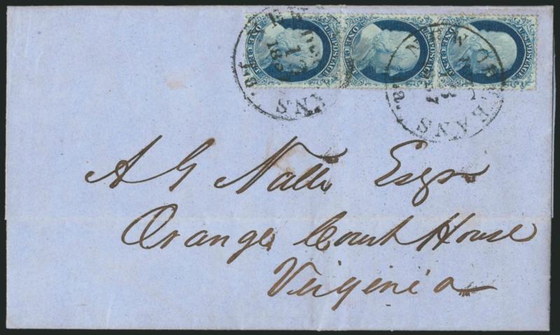 1c Blue, Ty. IV (23).> Positions 445464L1L, top stamp Position 44L shows <major double transfer,> each recut once at top and bottom, tied by neat New Orleans La. Dec. 13, 1857 circular datestamps on blue
folded letter to Orange C.H. Va., horizont