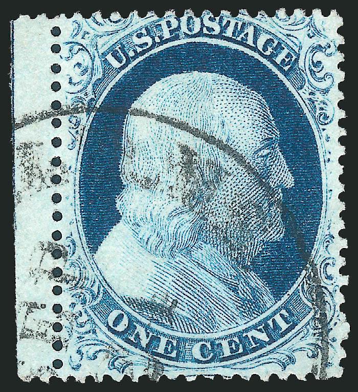 1c Blue, Ty. IV (23).> Position 61R1L, recut once at top, selvage at left, clearly showing <plate crack> at upper right, neat strike of circular datestamp, Very Fine and choice, a pretty stamp