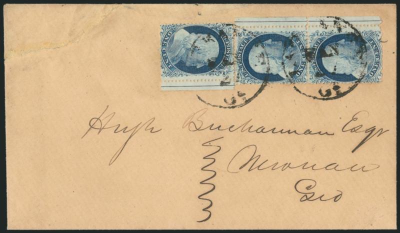 1c Blue, Ty. IV (23).> Positions 30L1L and 4050L1L, single and vertical pair originally forming a strip of three, first and last recut once at top, 40L recut once at top and bottom, with <straddle-pane selvage
and centerline> at right, <the pair wit