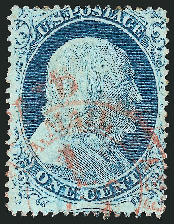 1c Blue, Ty. IV (23).> Position 89R1L with <break in outer line at bottom,> recut once at top, clear strike of <red New York City carrier datestamp>, centered to top which gives a very clear view of the broken
outer line at bottom, Fine, Position 89R