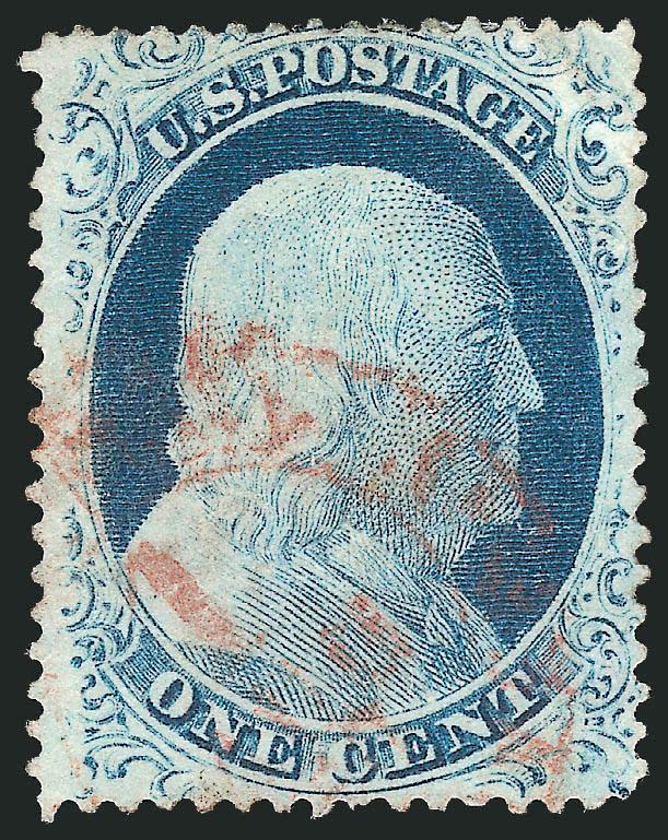 1c Blue, Ty. IV (23).> Position 49R1L, recut once at top and bottom, rich color nicely complemented by <red New York City carrier datestamp>, tiny thin spot at left, light corner crease at top right, Very Fine
appearance, ex Neinken
