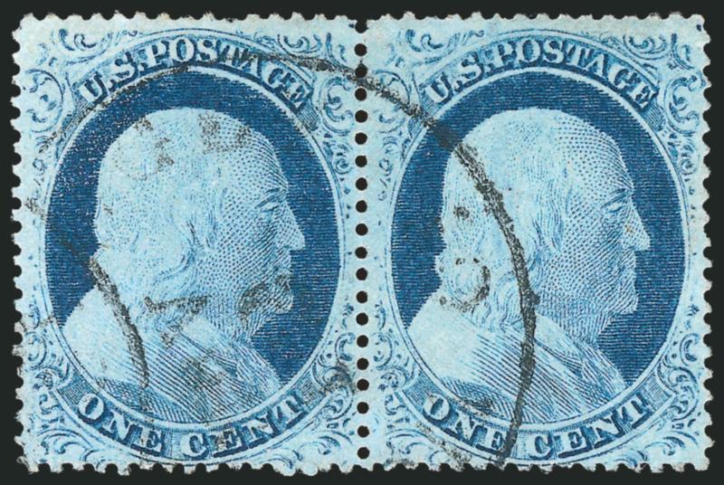 1c Blue, Ty. IV (23).> Positions 2-3L1L, both recut twice at bottom (only eleven such on plate), brilliant color, neat strike of circular datestamp, Very Fine and choice, a beautiful pair with both stamps the
scarcer recut twice at bottom positions,