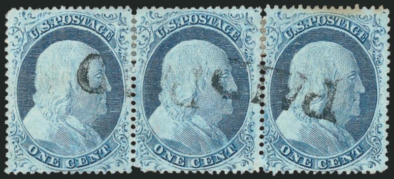 1c Blue, Ty. IV (23).> Positions 4-6L1L, horizontal strip of three, left two recut once at bottom (8 such on plate), right stamp recut twice at bottom (11 such on plate), bright color, neat strikes of <Paid>
cancel, few perf separations sensibly re