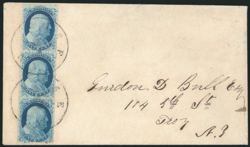 1c Blue, Ty. IV (23).> Positions 778797L1L, vertical strip of three, top stamp recut twice at top and once at bottom (four such on plate), center stamp recut once at top and bottom, bottom stamp recut once at
top, choice centering, tied by neat str