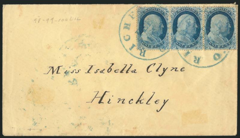 1c Blue, Ty. IV (23).> Positions 98-100L1L, horizontal strip of three, each recut once at top, choice centering, tied by <blue> Richfield O. Feb. 16 circular datestamps on light yellow cover to Hinckley O.,
some slight overall cover wear, Very Fine