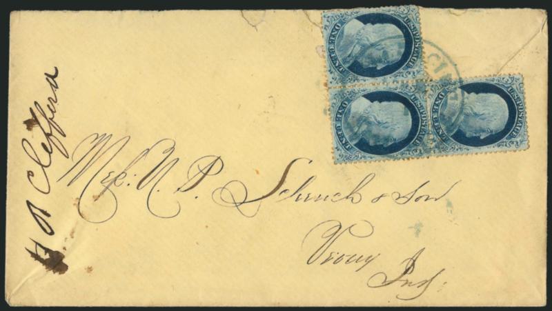 1c Blue, Ty. IV (23).> Positions 8695-96R1L, L-shaped block of three tied by <blue> circular datestamp on light yellow cover to Ind., missing most of top flap, few edge tears, left 1c barely affected from
placement near edge of cover, still Very Fin