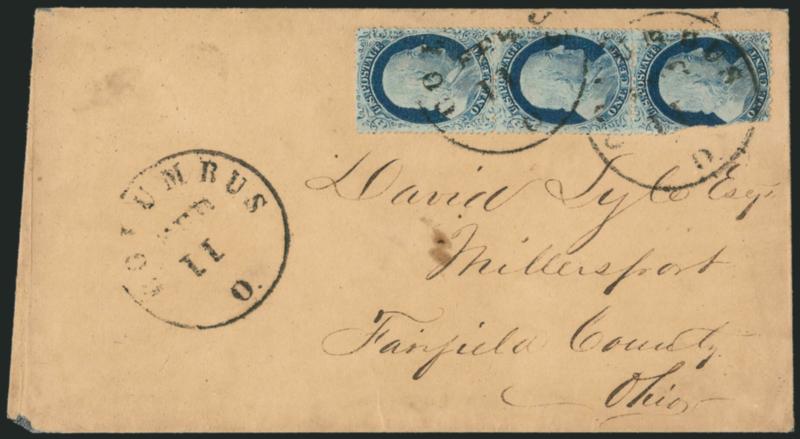 1c Blue, Ty. IV (23).> Positions 81828R1L, vertical strip of three, top stamp recut twice at bottom (11 such on plate), bottom two recut once at top and bottom, choice centering for this difficult issue, tied
by Columbus O. Feb. 11 circular dates