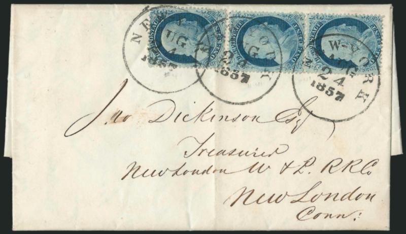 1c Blue, Ty. IV (23).> Three singles, tied by New-York Aug. 24, 1857 circular datestamps on folded letter to New London Conn., vertical file fold affects left stamp, otherwise Fine, early use, the earliest
documented use is only one month earlier,